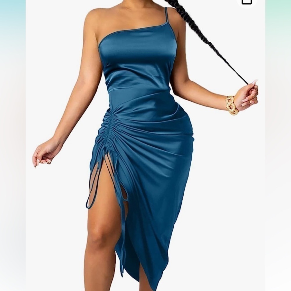 Women's Satin Dress Spaghetti Strap Drawstring Ruched Cocktail Evening Party L
